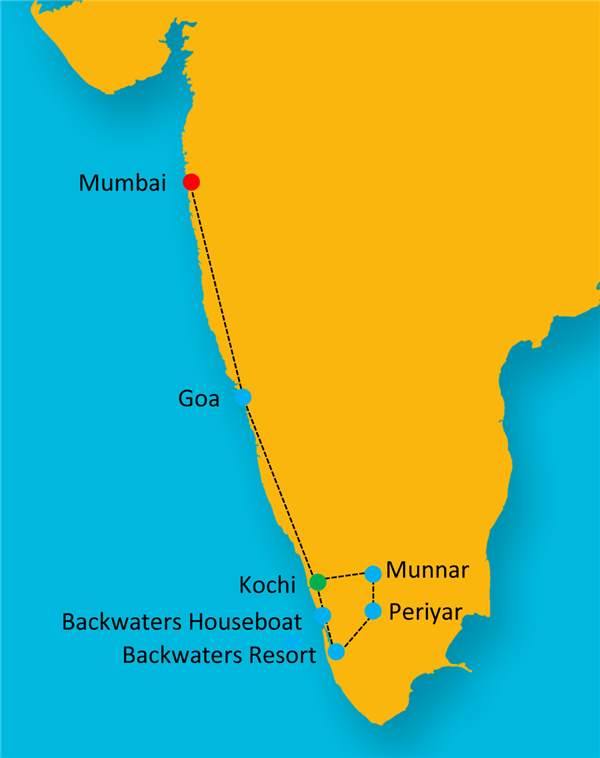 Serene Kerala With Goa & Mumbai Route Map