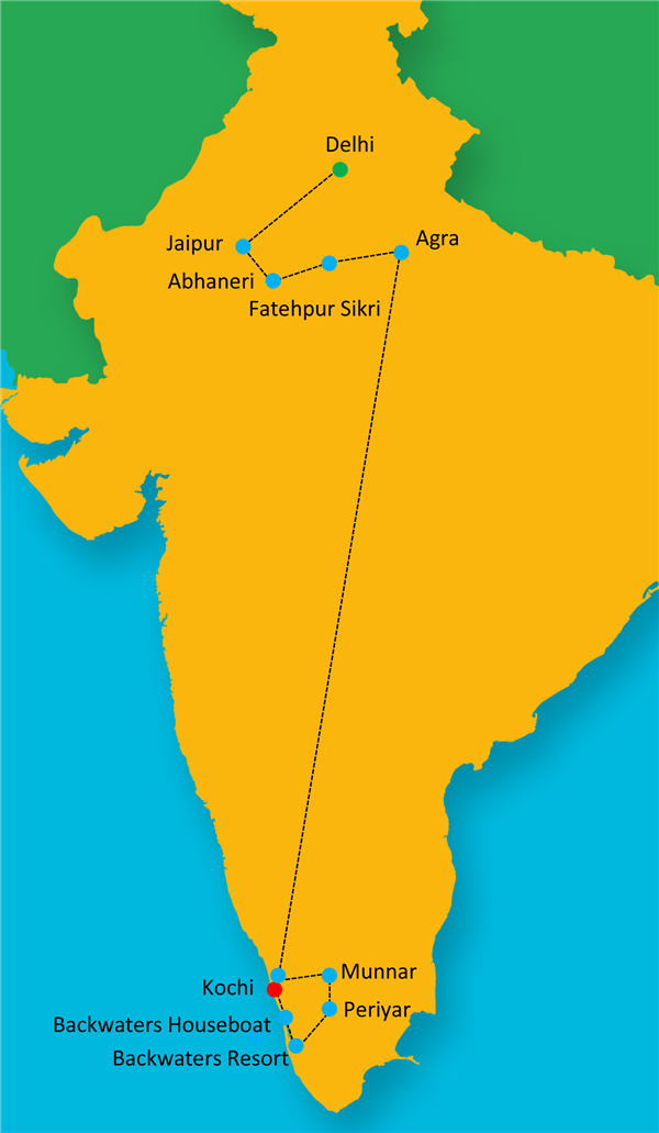 Golden Triangle with Serene Kerala Route Map