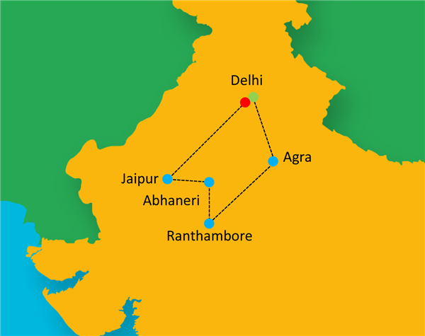 Wild & Beautiful - Golden Triangle With Ranthambhore Tigers Route Map