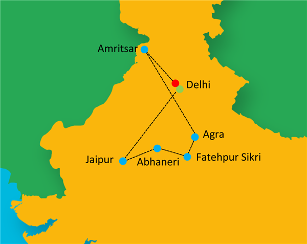 Golden Triangle with Amritsar (Golden Temple) Route Map