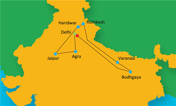 Rich & Divine - Golden Triangle, Haridwar, Rishikesh & Varanasi Route Map