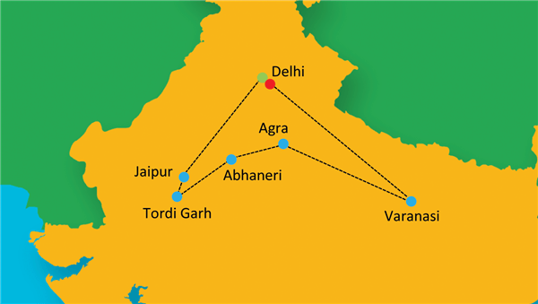 Rich & Colorful - Golden Triangle With Village Stay & Holistic Varanasi Route Map