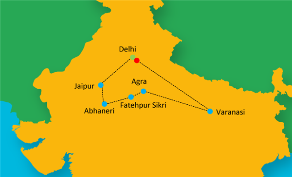 5 Star Golden Triangle with Varanasi Group Tour Route Map