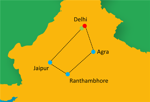 Luxury Golden Triangle with Ranthambhore Tigers Route Map