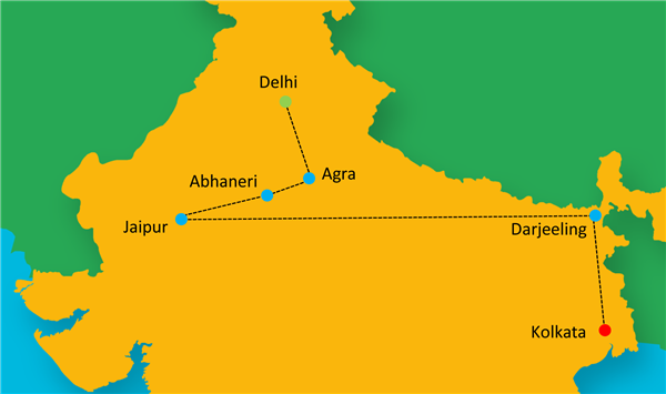 Golden Triangle with Darjeeling & Kolkata Route Map